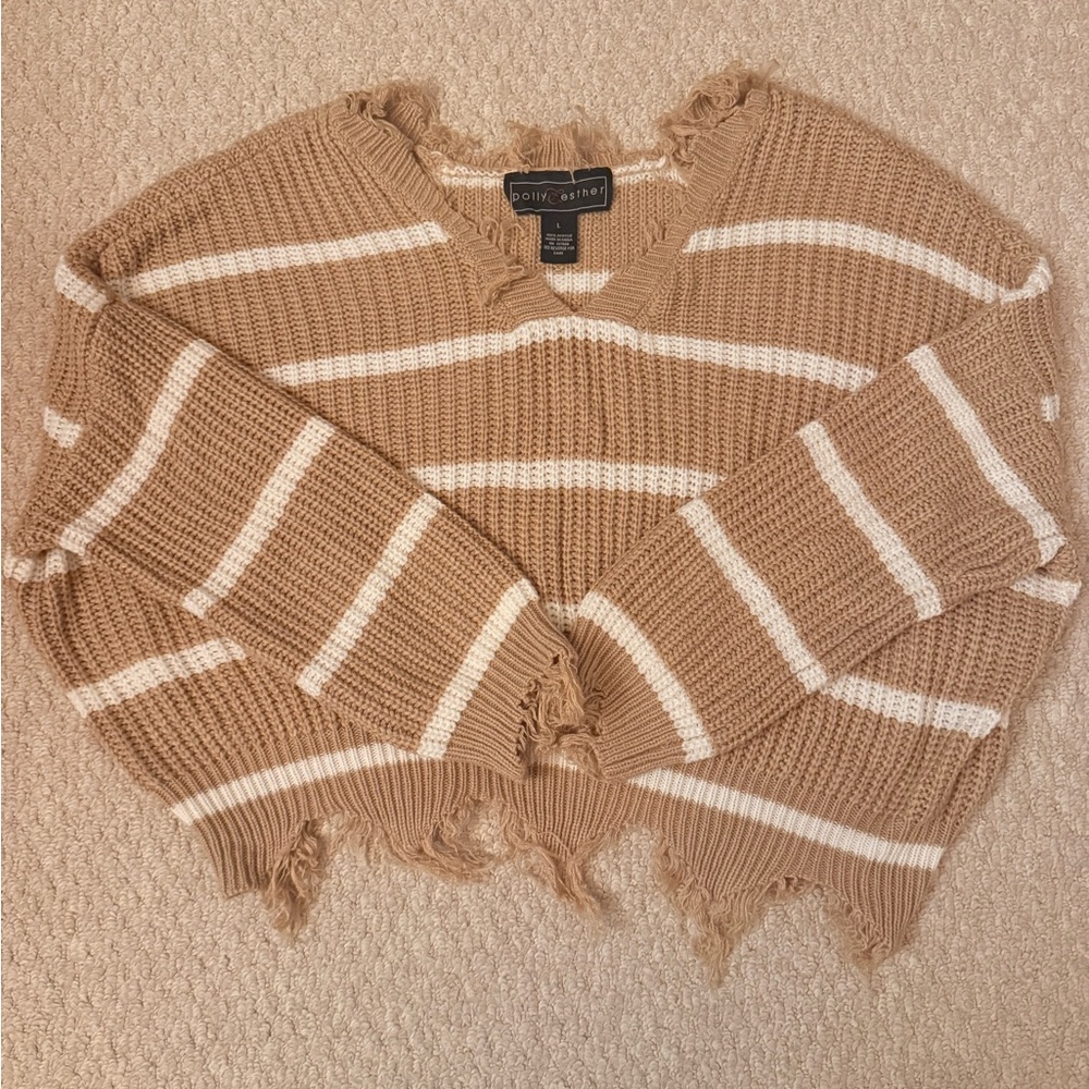 Polly & Esther Tan and White Striped Distressed Crew Sweater